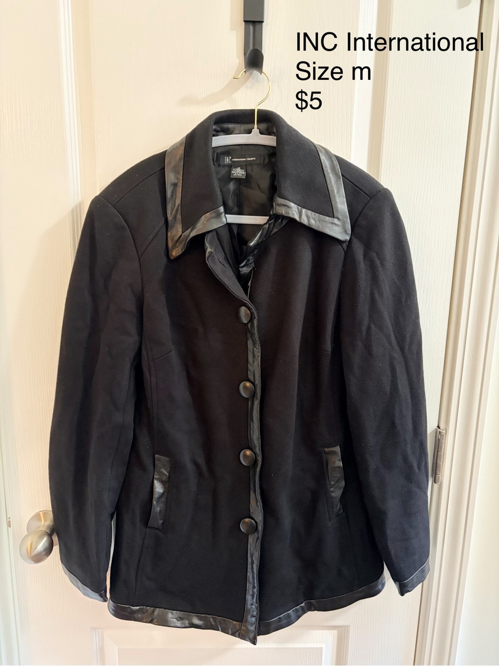 INC International Concepts Black Pea Coat with Faux Leather Trim